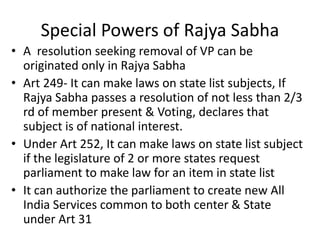 Special Powers of Rajya Sabha
• A resolution seeking removal of VP can be
originated only in Rajya Sabha
• Art 249- It can make laws on state list subjects, If
Rajya Sabha passes a resolution of not less than 2/3
rd of member present & Voting, declares that
subject is of national interest.
• Under Art 252, It can make laws on state list subject
if the legislature of 2 or more states request
parliament to make law for an item in state list
• It can authorize the parliament to create new All
India Services common to both center & State
under Art 31
 