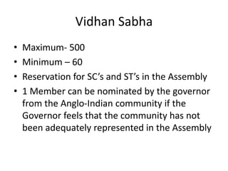 Vidhan Sabha
• Maximum- 500
• Minimum – 60
• Reservation for SC’s and ST’s in the Assembly
• 1 Member can be nominated by the governor
from the Anglo-Indian community if the
Governor feels that the community has not
been adequately represented in the Assembly
 
