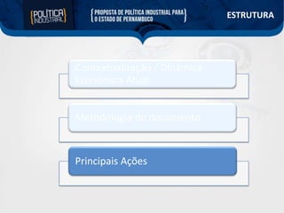 ESTRUTURA

Contextualização / Dinâmica
Econômica Atual
Metodologia do documento

Principais Ações

 