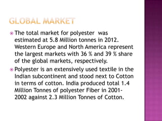 The total market for polyester was
estimated at 5.8 Million tonnes in 2012.
Western Europe and North America represent
the largest markets with 36 % and 39 % share
of the global markets, respectively.
 Polyester is an extensively used textile in the
Indian subcontinent and stood next to Cotton
in terms of cotton. India produced total 1.4
Million Tonnes of polyester Fiber in 2001-
2002 against 2.3 Million Tonnes of Cotton.
 