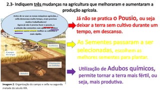 2.3- Indiquem três mudanças na agricultura que melhoraram e aumentaram a
produção agrícola.
_______ ___
______
Já não se pratica o Pousio, ou seja
deixar a terra sem cultivo durante um
tempo, em descanso.
As Sementes passaram a ser
selecionadas, escolhem as
melhores sementes para plantar.
__
__
Utilização de Adubos químicos,
permite tornar a terra mais fértil, ou
seja, mais produtiva.
 