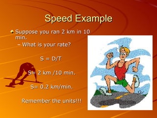 Speed Example Suppose you ran 2 km in 10 min. What is your rate? S = D/T  S= 2 km /10 min. S= 0.2 km/min. Remember the units!!! 