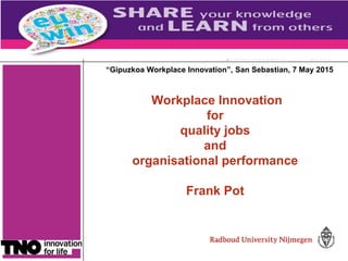 1
Workplace Innovation
for
quality jobs
and
organisational performance
Frank Pot
“Gipuzkoa Workplace Innovation”, San Sebastian, 7 May 2015
 