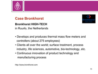 11
Case Bronkhorst
Bronkhorst HIGH-TECH
in Ruurlo, the Netherlands
• Develops and produces thermal mass flow meters and
controllers (about 275 employees)
• Clients all over the world; surface treatment, process
industry, life sciences, automotive, bio-technology, etc.
• Continuous innovation of product technology and
manufacturing process
http://www.bronkhorst.com
 