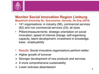 Monitor Social Innovation Region Limburg
Maastricht University NL: Schumacher, Gerards, De Grip (2015)
• 141 organisations: in industry (56), commercial services
(62) and non commercial services (23); all sizes
• Pilllars/measurements: strategic orientation on social
innovation; speed of internal change; self-organising
capacity; talent development; investment in knowledge
base; employability
• Results: Social innovative organisations perform better:
 Higher growth of turnover
 Stronger development of new products and services
 A more comprehensive sustainability
 Lower sickness absenteeism
9
 
