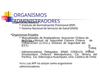 ORGANISMOS
ADMINISTRADORES
Organismos Estatales:

Instituto de Normalización Previsional (INP)

Sistema Nacional de Servicios de Salud (SNSS)
Organismos Privados

Mutualidades de Empleadores: Asociación Chilena de
Seguridad de
la
Trabaj
o
(A.Ch.S.), Mutual de Seguridad Cámara Chilena
Construcción (.C.Ch.C.), Instituto de Seguridad del
(I.S.T.)
 Administradores Delegados: (ENAP, CODELCO, ENAMI,
Distribuidora Chilectra Metropolitana, Cía. Minera del
Pacífico, Cía. Siderúrgica Huachipato, Univ. Católica de Chile)
Nota: Las AFP no actúan como organismos
administradores.
 