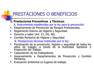 PRESTACIONES O BENEFICIOS
1. Prestaciones Preventivas y Técnicas.
A. Instrumentos establecidos por la ley para la prevención:




Departamento de Prevención de Riesgos Profesionales.
Reglamento Interno de Higiene y Seguridad.
Derecho a saber (Art. 21, DS. 40).
Comités Paritarios de Higiene y Seguridad
B. Prestaciones técnicas instituidas por le ley:
Fiscalización de la prevención, higiene y seguridad de todos los
sitios de trabajo, a través de la Autoridad Sanitaria e
Inspección del Trabajo.
Capacitación de los trabajadores.


 y Comités
Asesoramiento a Departamentos de Prevención
Paritarios.
Evaluación ambiental en lugares de trabajo.

 