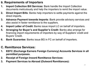 B. Requirements of Importers
1. Import Collection Bill Services: Bank handle the Import Collection
documents meticulously and help the importers to remit the import value.
2. Direct Import Bills: Banks help importers to settle payments against the
direct imports.
3. Advance Payment towards Imports: Bank provide advisory services and
also assist in faster remittance to the suppliers.
4. Import Letter of Credit: Banks issue import LC on behalf of importers.
5. Arranging for Buyer’s and Supplier’s Credit: Banks also arrange for
financing import requirements of importers by way of Suppliers’ credit and
Buyers’ Credit.
6. Bank Guarantee: Banks issue BG in FC on behalf of importers.
C. Remittance Services:
1. EEFC (Exchange Earners Foreign Currency) Accounts Services in all
permitted purposes.
2. Receipt of Foreign Inward Remittance Services:
3. Payment Services to Abroad (Outward Remittances):
24
 