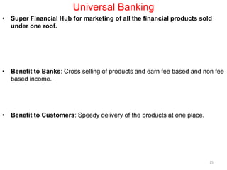 Universal Banking
• Super Financial Hub for marketing of all the financial products sold
under one roof.
• Benefit to Banks: Cross selling of products and earn fee based and non fee
based income.
• Benefit to Customers: Speedy delivery of the products at one place.
25
 