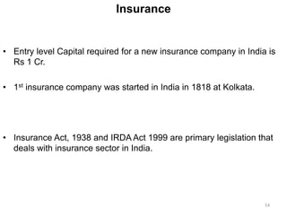 Insurance
• Entry level Capital required for a new insurance company in India is
Rs 1 Cr.
• 1st insurance company was started in India in 1818 at Kolkata.
• Insurance Act, 1938 and IRDA Act 1999 are primary legislation that
deals with insurance sector in India.
54
 