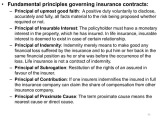 • Fundamental principles governing insurance contracts:
– Principal of upmost good faith: A positive duty voluntarily to disclose,
accurately and fully, all facts material to the risk being proposed whether
required or not.
– Principal of Insurable Interest: The policyholder must have a monetary
interest in the property, which he has insured. In life insurance, insurable
interest is deemed to exist in case of certain relationship.
– Principal of Indemnity: Indemnity merely means to make good any
financial loss suffered by the insurance and to put him or her back in the
same financial position as he or she was before the occurrence of the
loss. Life insurance is not a contract of indemnity.
– Principal of Subrogation: Restitution of the rights of an assured in
favour of the insurer.
– Principal of Contribution: If one insurers indemnifies the insured in full
the insurance company can claim the share of compensation from other
insurance company.
– Principal of Proximate Cause: The term proximate cause means the
nearest cause or direct cause.
55
 
