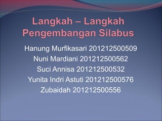 Hanung Murfikasari 201212500509
Nuni Mardiani 201212500562
Suci Annisa 201212500532
Yunita Indri Astuti 201212500576
Zubaidah 201212500556
 