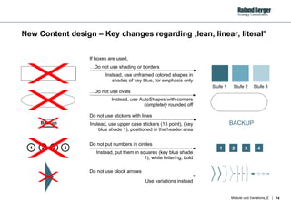 New Content design – Key changes regarding  „ lean,  linear, literal " Do not use block arrows Use variations instead 1 2 3 4 1 2 3 4 BACKUP … Do not use shading or borders Instead, use unframed colored shapes in shades of key blue, for emphasis only … Do not use ovals Instead, use AutoShapes with corners  completely  rounded off Do not use stickers with lines Instead, use upper case stickers (13 point), (key blue shade 1), positioned in the header area Do not put numbers in circles Instead, put them in squares (key blue shade 1), white lettering, bold If boxes are used, Backup Stufe 1 Stufe 2 Stufe 3 