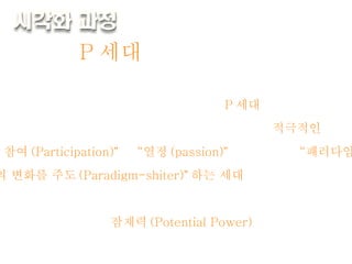 월드컵과 광화문 촛불시위 ,  대통령 선거과정 증에서 나타났던 우리 사회 젊은 층의 움직임을 심층분석 ,  “ P 세대 ” 라는 신조어 를 통해 이들의 특징과 가치관을 밝힌다 . P 세대는  적극적인 “ 참여 (Participation) ” 와  “ 열정 (passion) ” 을 바탕으로  “ 패러다임 의 변화를 주도 (Paradigm-shiter) ” 하는 세대 라는 의미로 공통 접두어인  P 를 따서 명명한 것 . P 세대의 중요한 특징은  “ 사회를 변화시킬 수 있다 ” 는  잠재력 (Potential Power) 를 갖고 있다는 것 P 세대 를 아십니까 ? 