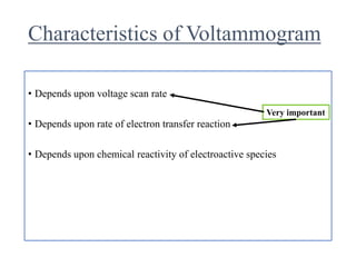 Characteristics of Voltammogram
• Depends upon voltage scan rate
• Depends upon rate of electron transfer reaction
• Depends upon chemical reactivity of electroactive species
Very important
 