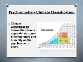 Psychrometry – Climate Classification 
O Climate 
Classification 
shows the various 
approximate zones 
of temperature and 
humidity on the 
psychrometric 
chart. 
29 KChatterjea, 2008 
 