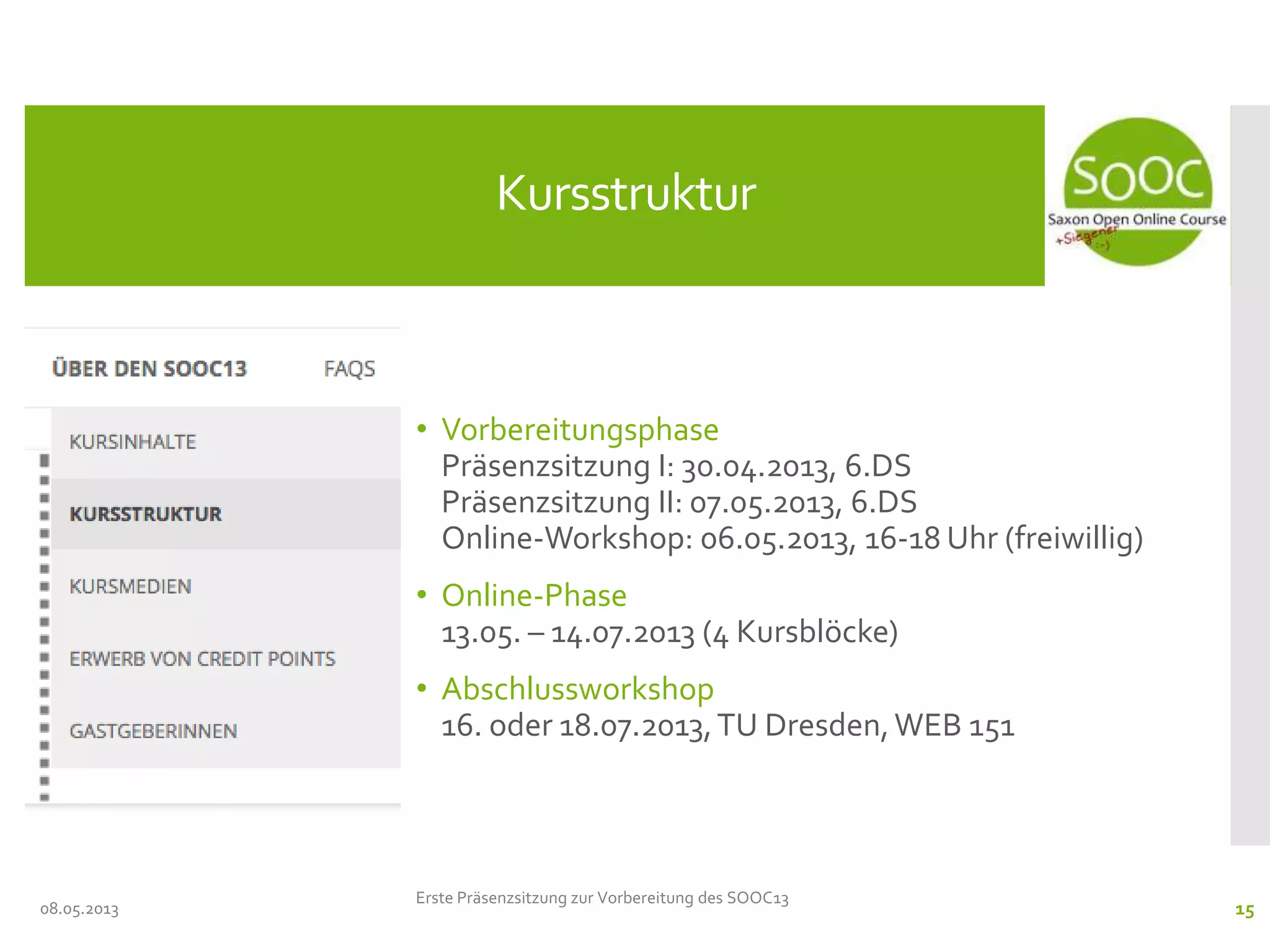 • Vorbereitungsphase
Präsenzsitzung I: 30.04.2013, 6.DS
Präsenzsitzung II: 07.05.2013, 6.DS
Online-Workshop: 06.05.2013, 16-18 Uhr (freiwillig)
• Online-Phase
13.05. – 14.07.2013 (4 Kursblöcke)
• Abschlussworkshop
16. oder 18.07.2013,TU Dresden,WEB 151
08.05.2013
Kursstruktur
Erste Präsenzsitzung zur Vorbereitung des SOOC13
15
 