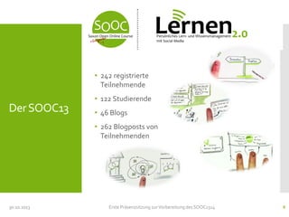 • 242 registrierte
Teilnehmende

Der SOOC13

• 122 Studierende

• 46 Blogs
• 262 Blogposts von
Teilnehmenden

30.10.2013

Erste Präsenzsitzung zur Vorbereitung des SOOC1314

6

 
