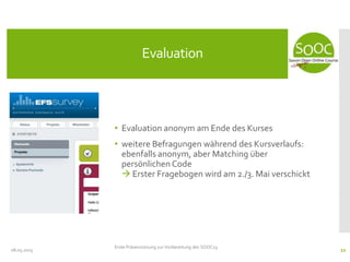 • Evaluation anonym am Ende des Kurses
• weitere Befragungen während des Kursverlaufs:
ebenfalls anonym, aber Matching über
persönlichen Code
 Erster Fragebogen wird am 2./3. Mai verschickt
08.05.2013
Evaluation
Erste Präsenzsitzung zur Vorbereitung des SOOC13
22
 