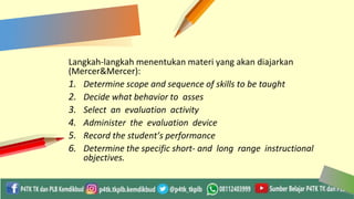 20
Langkah-langkah menentukan materi yang akan diajarkan
(Mercer&Mercer):
1. Determine scope and sequence of skills to be taught
2. Decide what behavior to asses
3. Select an evaluation activity
4. Administer the evaluation device
5. Record the student’s performance
6. Determine the specific short- and long range instructional
objectives.
 