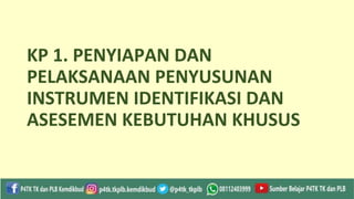 KP 1. PENYIAPAN DAN
PELAKSANAAN PENYUSUNAN
INSTRUMEN IDENTIFIKASI DAN
ASESEMEN KEBUTUHAN KHUSUS
 