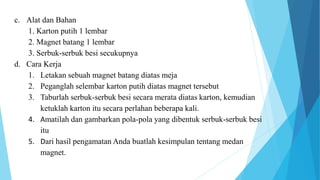 c. Alat dan Bahan
1. Karton putih 1 lembar
2. Magnet batang 1 lembar
3. Serbuk-serbuk besi secukupnya
d. Cara Kerja
1. Letakan sebuah magnet batang diatas meja
2. Peganglah selembar karton putih diatas magnet tersebut
3. Taburlah serbuk-serbuk besi secara merata diatas karton, kemudian
ketuklah karton itu secara perlahan beberapa kali.
4. Amatilah dan gambarkan pola-pola yang dibentuk serbuk-serbuk besi
itu
5. Dari hasil pengamatan Anda buatlah kesimpulan tentang medan
magnet.
 