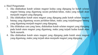 e. Hasil Pengamatan
1. Jika didekatkan kutub selatan magnet kedua yang dipegang ke kutub selatan
magnet batang yang digantung secara perlahan-lahan, maka yang terjadi akan
menjauhi magnet yang dipegang.
2. Jika didekatkan kutub utara magnet yang dipegang pada kutub selatan magnet
batang yang digantung secara perlahan-lahan, maka yang terjadimagnet batang
yang digantung menjadi magnet yang dipegang.
3. Jika dilakukan cara yang lama, didekatkan kutub selatan magnet yang dipegang
pada kutub utara magnet yang digantung, maka yang terjadi kedua kutub akan
Tarik menarik.
4. Jika didekatkan kutub utara magnet yang dipegang pada kutub utara magnet
yang digantung, maka yang terjadi akan menjauhi magnet yang dipegang.
 