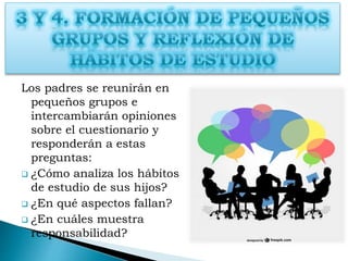 Los padres se reunirán en
pequeños grupos e
intercambiarán opiniones
sobre el cuestionario y
responderán a estas
preguntas:
 ¿Cómo analiza los hábitos
de estudio de sus hijos?
 ¿En qué aspectos fallan?
 ¿En cuáles muestra
responsabilidad?
 