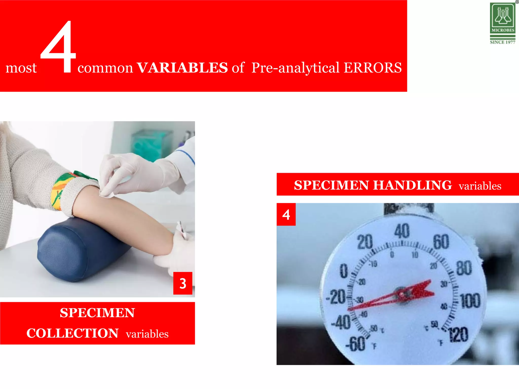 most 4common VARIABLES of Pre-analytical ERRORS
SPECIMEN
COLLECTION variables
SPECIMEN HANDLING variables
3
4
 