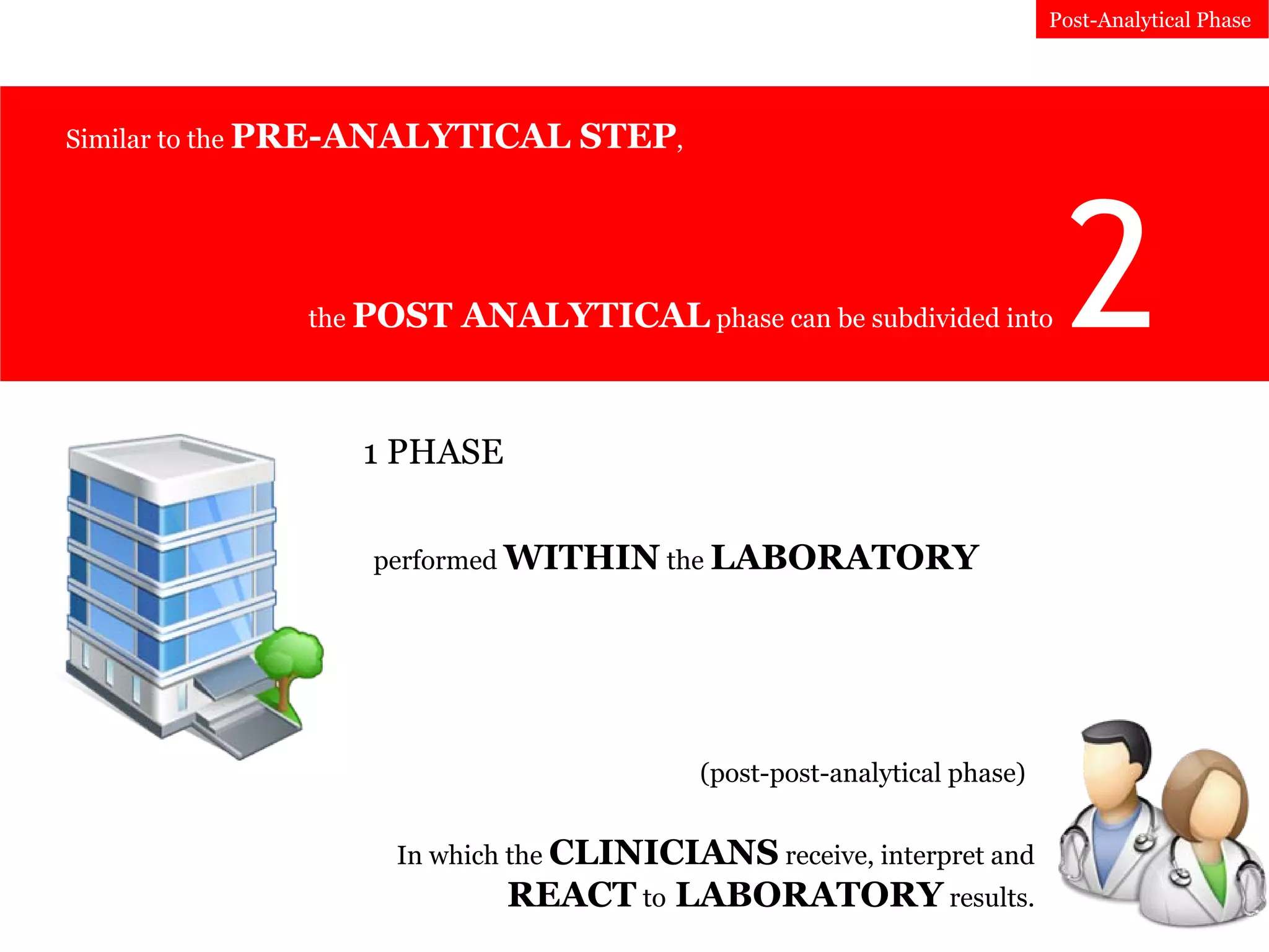 In which the CLINICIANS receive, interpret and
REACT to LABORATORY results.
Similar to the PRE-ANALYTICAL STEP,
the POST ANALYTICAL phase can be subdivided into 2
1 PHASE
performed WITHIN the LABORATORY
(post-post-analytical phase)
Post-Analytical Phase
 