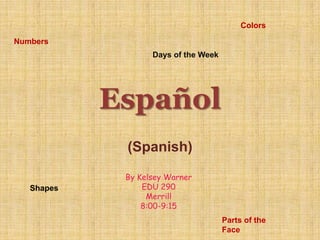 (Spanish) Colors Numbers Days of the Week Español By Kelsey Warner EDU 290 Merrill 8:00-9:15 Shapes Parts of the Face 