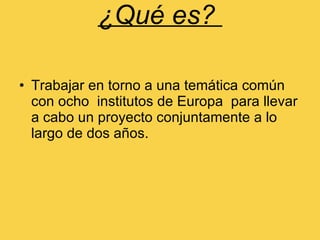 ¿Qué es?    Trabajar en torno a una temática común con ocho  institutos de Europa  para llevar a cabo un proyecto conjuntamente a lo largo de dos años. 