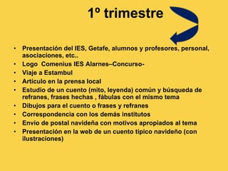 1º trimestre Presentación del IES, Getafe, alumnos y profesores, personal, asociaciones, etc.. Logo  Comenius IES Alarnes–Concurso- Viaje a Estambul Artículo en la prensa local Estudio de un cuento (mito, leyenda) común y búsqueda de refranes, frases hechas , fábulas con el mismo tema Dibujos para el cuento o frases y refranes Correspondencia con los demás institutos Envío de postal navideña con motivos apropiados al tema Presentación en la web de un cuento típico navideño (con ilustraciones) 