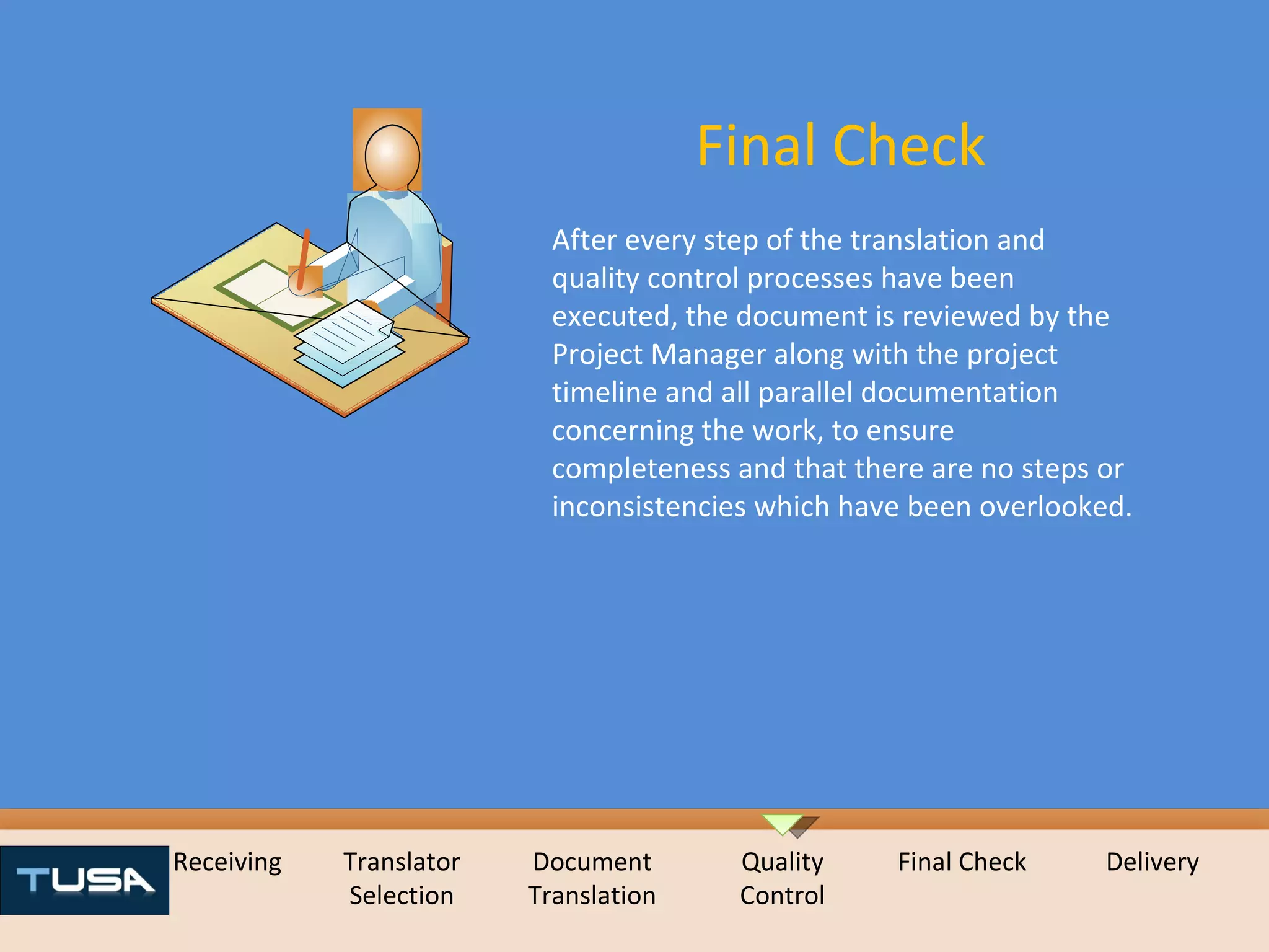 Receiving Translator Selection Document Translation Quality Control Final Check Delivery Final Check After every step of the translation and quality control processes have been executed, the document is reviewed by the Project Manager along with the project timeline and all parallel documentation concerning the work, to ensure completeness and that there are no steps or inconsistencies which have been overlooked. 