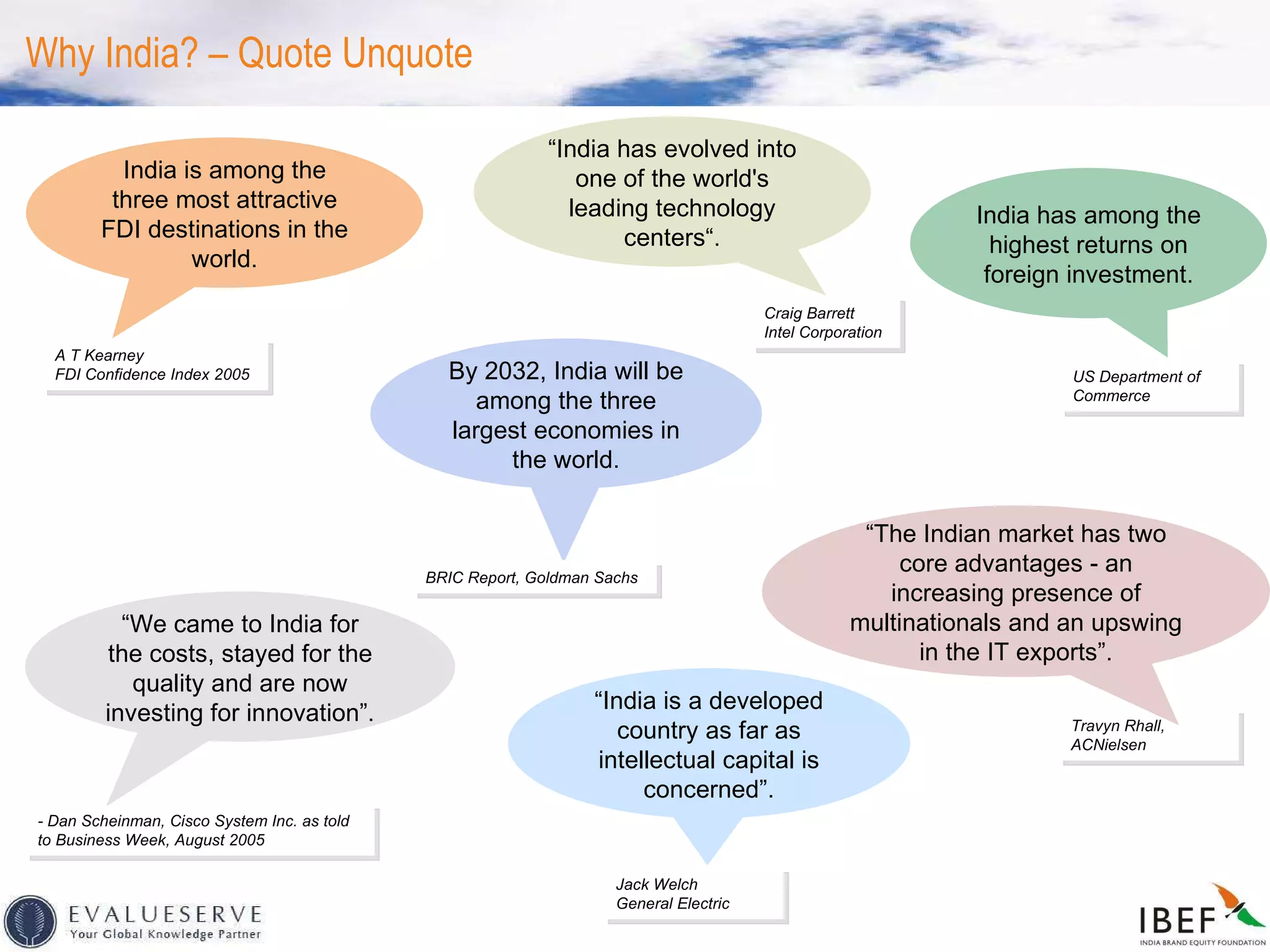India has among the highest returns on foreign investment. - Dan Scheinman, Cisco System Inc. as told to Business Week, August 2005 “ We came to India for the costs, stayed for the quality and are now investing for innovation”. A T Kearney FDI Confidence Index 2005 India is among the three most attractive FDI destinations in the world. Jack Welch General Electric “ India is a developed country as far as intellectual capital is concerned”. US Department of Commerce By 2032, India will be among the three largest economies in the world. BRIC Report, Goldman Sachs Why India? – Quote Unquote Travyn Rhall, ACNielsen “ The Indian market has two core advantages - an increasing presence of multinationals and an upswing in the IT exports”. Craig Barrett Intel Corporation “ India has evolved into one of the world's leading technology centers“. 