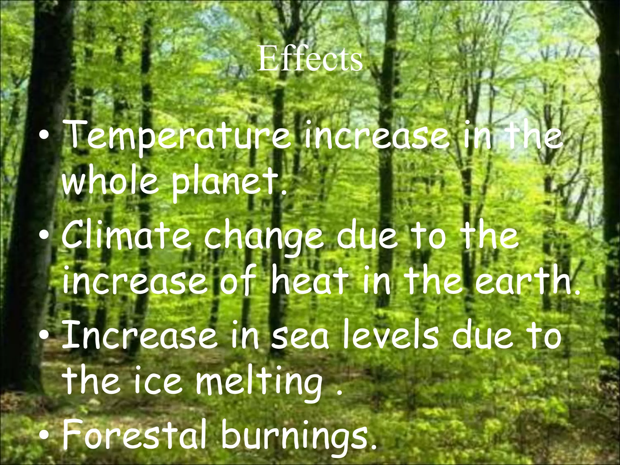 Effects

• Temperature increase in the
  whole planet.
• Climate change due to the
  increase of heat in the earth.
• Increase in sea levels due to
  the ice melting .
• Forestal burnings.
 