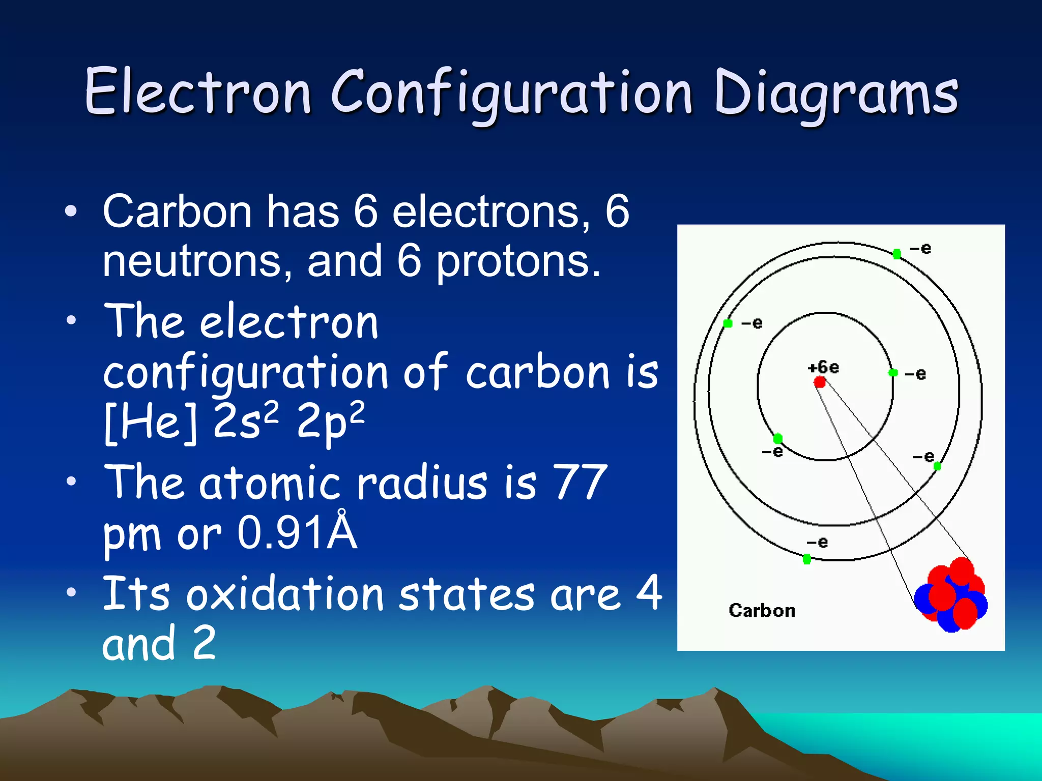 Electron Configuration Diagrams
• Carbon has 6 electrons, 6
  neutrons, and 6 protons.
• The electron
  configuration of carbon is
  [He] 2s2 2p2
• The atomic radius is 77
  pm or 0.91Å
• Its oxidation states are 4
  and 2
 