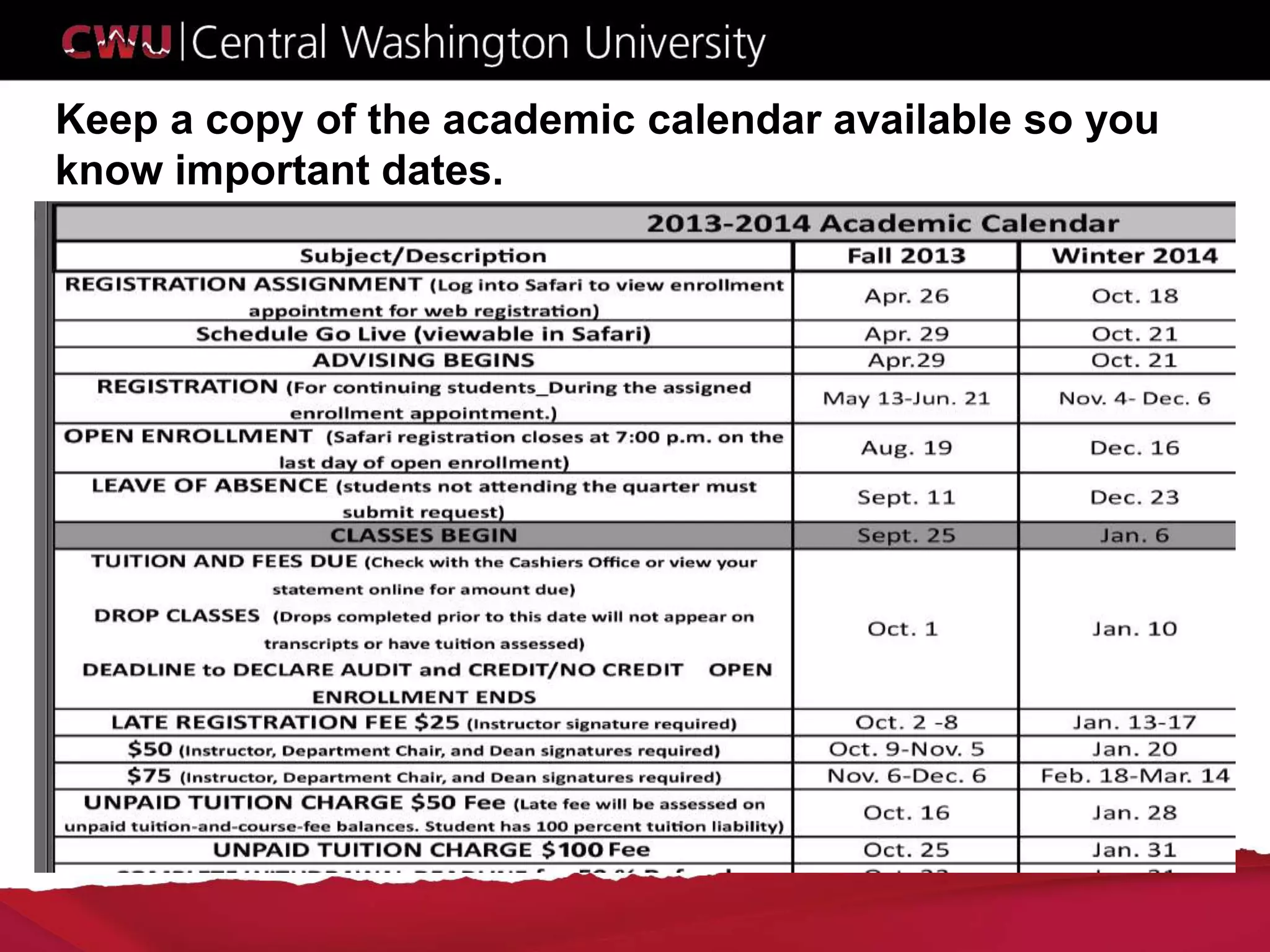 Keep a copy of the academic calendar available so you
know important dates.
 