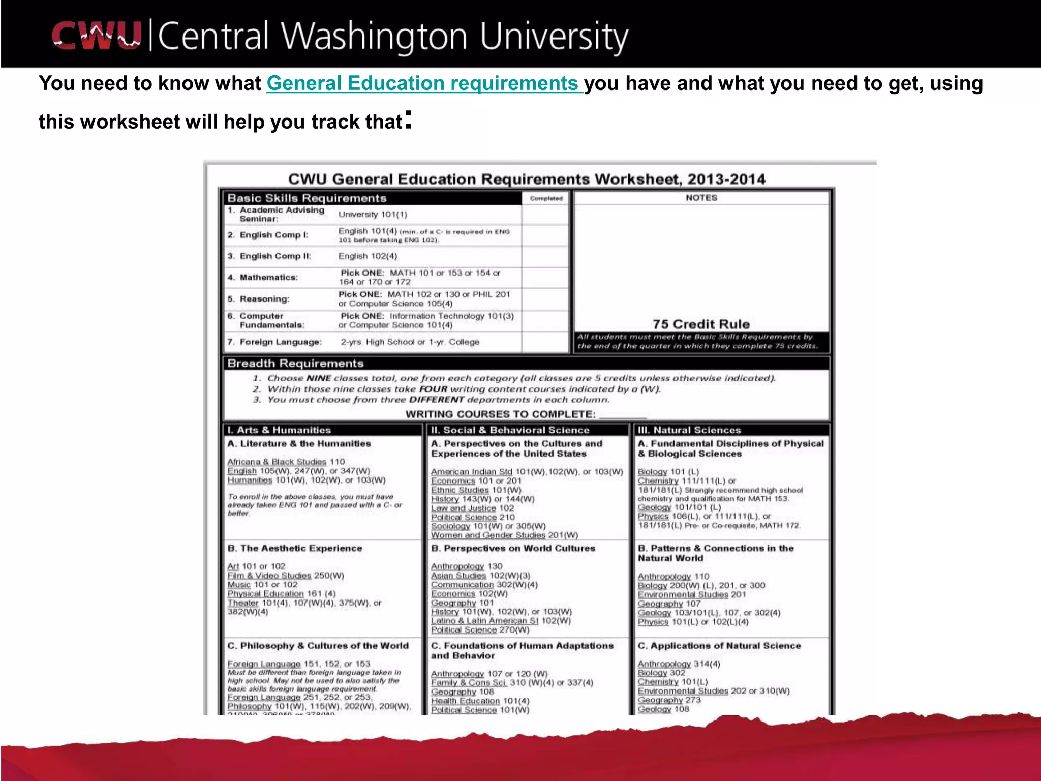 You need to know what General Education requirements you have and what you need to get, using
this worksheet will help you track that:
 