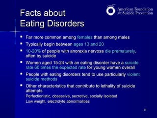 Facts about
Eating Disorders




Far more common among females than among males



Women aged 15-24 with an eating disorder have a suicide
rate 60 times the expected rate for young women overall



People with eating disorders tend to use particularly violent
suicide methods



Other characteristics that contribute to lethality of suicide
attempts

Typically begin between ages 13 and 20
10-20% of people with anorexia nervosa die prematurely,
often by suicide

Perfectionistic, obsessive, secretive, socially isolated
Low weight, electrolyte abnormalities

27

 