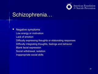 Schizophrenia…


Negative symptoms
Low energy or motivation
Lack of emotion
Difficulty expressing thoughts or elaborating responses
Difficulty integrating thoughts, feelings and behavior
Blank facial expression
Social withdrawal, isolation
Inappropriate social skills

29

 