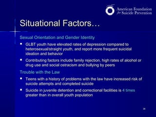 Situational Factors…
Sexual Orientation and Gender Identity



GLBT youth have elevated rates of depression compared to
heterosexual/straight youth, and report more frequent suicidal
ideation and behavior



Contributing factors include family rejection, high rates of alcohol or
drug use and social ostracism and bullying by peers

Trouble with the Law



Teens with a history of problems with the law have increased risk of
suicide attempts and completed suicide



Suicide in juvenile detention and correctional facilities is 4 times
greater than in overall youth population
36

 
