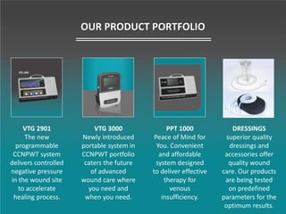 OUR PRODUCT PORTFOLIO
VTG 2901
The new
programmable
CCNPWT system
delivers controlled
negative pressure
in the wound site
to accelerate
healing process.
VTG 3000
Newly introduced
portable system in
CCNPWT portfolio
caters the future
of advanced
wound care where
you need and
when you need.
PPT 1000
Peace of Mind for
You. Convenient
and affordable
system designed
to deliver effective
therapy for
venous
insufficiency.
DRESSINGS
superior quality
dressings and
accessories offer
quality wound
care. Our products
are being tested
on predefined
parameters for the
optimum results.
 