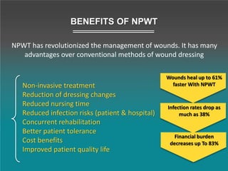 Wounds heal up to 61%
faster With NPWT
BENEFITS OF NPWT
NPWT has revolutionized the management of wounds. It has many
advantages over conventional methods of wound dressing
Non-invasive treatment
Reduction of dressing changes
Reduced nursing time
Reduced infection risks (patient & hospital)
Concurrent rehabilitation
Better patient tolerance
Cost benefits
Improved patient quality life
Infection rates drop as
much as 38%
Financial burden
decreases up To 83%
 