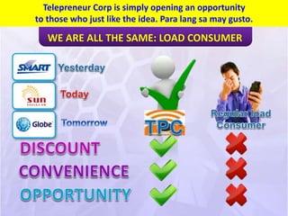 Telepreneur Corp is simply opening an opportunity
to those who just like the idea. Para lang sa may gusto.
WE ARE ALL THE SAME: LOAD CONSUMER
 