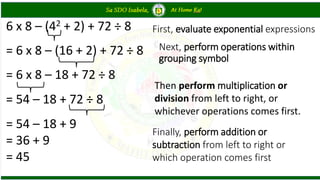 6 x 8 – (42 + 2) + 72 ÷ 8
= 6 x 8 – (16 + 2) + 72 ÷ 8
= 6 x 8 – 18 + 72 ÷ 8
= 54 – 18 + 72 ÷ 8
= 54 – 18 + 9
= 36 + 9
= 45
First, evaluate exponential expressions
Next, perform operations within
grouping symbol
Then perform multiplication or
division from left to right, or
whichever operations comes first.
Finally, perform addition or
subtraction from left to right or
which operation comes first
 