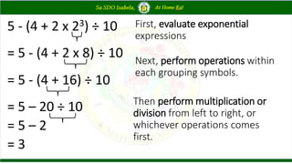 5 - (4 + 2 x 23) ÷ 10
= 5 - (4 + 2 x 8) ÷ 10
= 5 - (4 + 16) ÷ 10
= 5 – 20 ÷ 10
= 5 – 2
= 3
First, evaluate exponential
expressions
Next, perform operations within
each grouping symbols.
Then perform multiplication or
division from left to right, or
whichever operations comes
first.
 