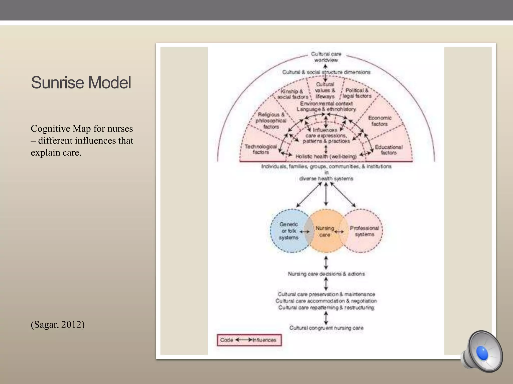 Sunrise Model
Cognitive Map for nurses
– different influences that
explain care.

(Sagar, 2012)

 