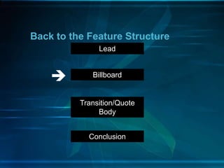 Back to the Feature Structure
Lead
Billboard
Transition/Quote
Body
Conclusion

 