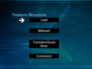 Feature Structure
Lead
Billboard
Transition/Quote
Body
Conclusion

 